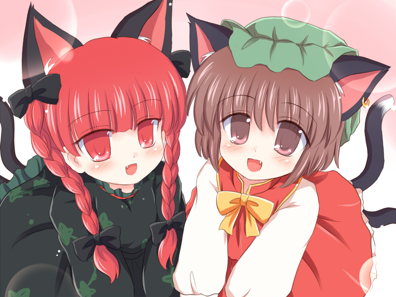 animal_ears bow braid brown_eyes brown_hair cat_ears cat_tail chen earrings fang hair_ribbon hat jewelry kaenbyou_rin multiple_girls multiple_tails red_eyes red_hair redhead ribbon ry short_hair tail touhou twin_braids twintails