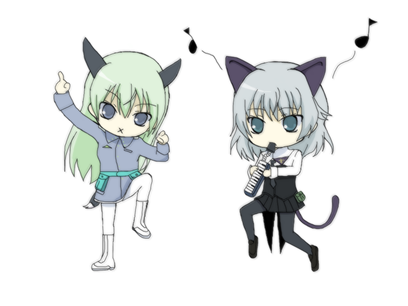 :x animal_ears black_legwear boots chibi dancing eila_ilmatar_juutilainen instrument keyboard_(instrument) lunapple melodica multiple_girls pantyhose sanya_v_litvyak skirt strike_witches tail white_legwear white_pantyhose