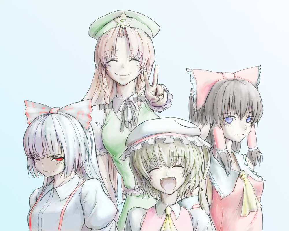 :d ^_^ bad_id closed_eyes fangs flandre_scarlet fujiwara_no_mokou hakurei_reimu hong_meiling kath multiple_girls open_mouth smile touhou v wink