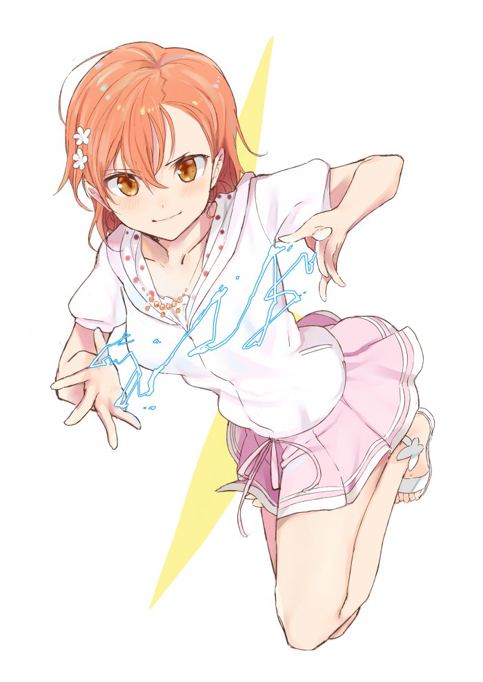 1girl biribiri blouse brown_eyes brown_hair casual collarbone electricity full_body hair_ornament hairclip hairpin misaka_mikoto open_toe_shoes pinch_(nesume) pink_skirt short_hair simple_background skirt solo to_aru_kagaku_no_railgun to_aru_majutsu_no_index white_background white_blouse white_footwear