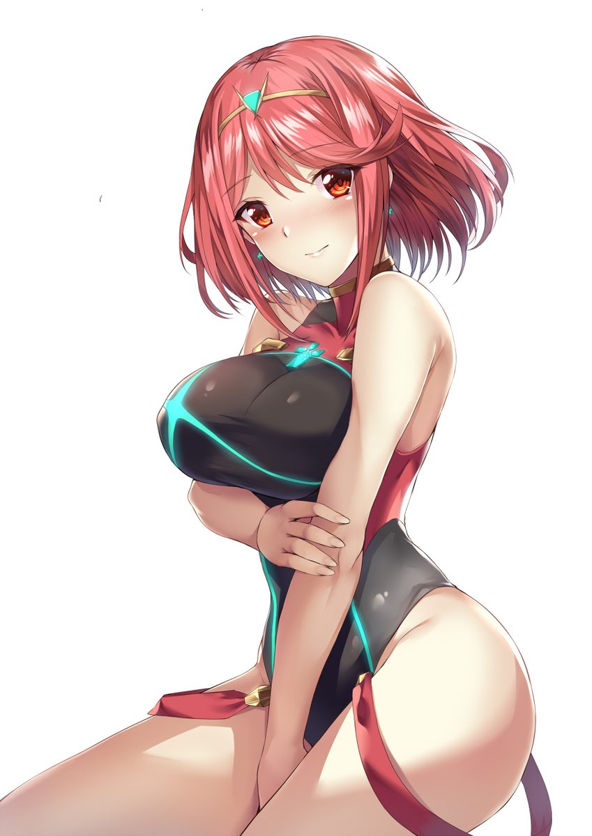 1girl between_legs black_swimsuit blush breasts competition_swimsuit earrings hand_between_legs highres holding_own_arm pyra_(xenoblade) image_sample jewelry large_breasts luzi nintendo one-piece_swimsuit red_eyes redhead short_hair sidelocks skindentation swimsuit twitter_sample white_background xenoblade_(series) xenoblade_2