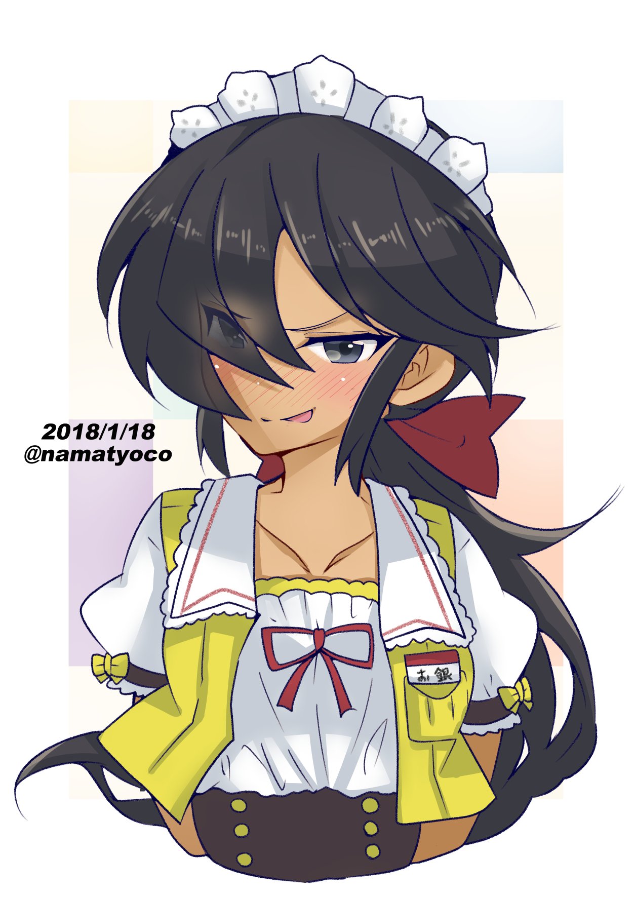 1girl :p alternate_costume arms_behind_head bangs black_eyes black_hair blush bow coco's commentary cropped_torso dark_skin dated girls_und_panzer hair_bow hair_over_one_eye highres jacket long_hair looking_at_viewer maid_headdress namatyoco name_tag naughty_face ogin_(girls_und_panzer) ponytail puffy_short_sleeves puffy_sleeves red_bow shirt short_sleeves sleeveless_jacket smirk solo tongue tongue_out twitter_username upper_body waitress white_shirt yellow_bow yellow_jacket