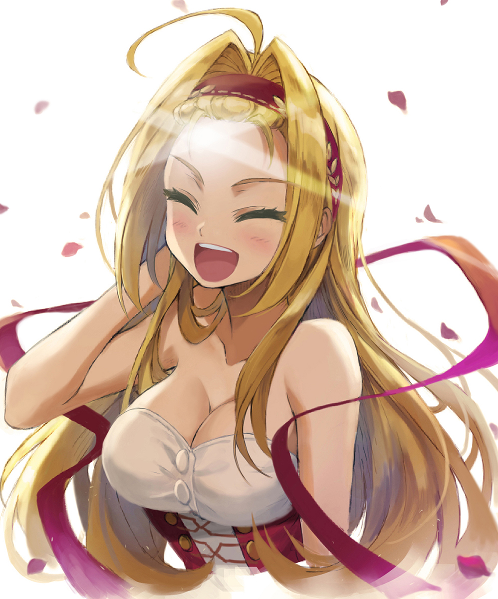 1girl :d ^_^ ahoge alternate_hairstyle bangs_pinned_back bare_shoulders blush breasts bustier cleavage closed_eyes closed_eyes closed_mouth cropped_torso facing_viewer fate/extra fate_(series) forehead hair_down hair_intakes hand_in_hair hand_up headband highres large_breasts long_hair nero_claudius_(fate) nero_claudius_(fate)_(all) open_mouth petals red_string rose_petals round_teeth shiny shiny_hair simple_background smile solo string teeth tonee upper_body upper_teeth very_long_hair white_background