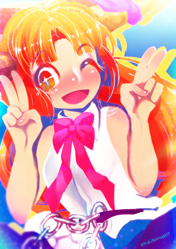 1girl ;d bare_arms bare_shoulders bow bowtie chains double_v eyebrows_visible_through_hair hakkasame ibuki_suika long_hair one_eye_closed oni oni_horns open_mouth orange_eyes orange_hair pink_bow pink_neckwear shirt sleeveless sleeveless_shirt smile solo touhou twitter_username v white_shirt