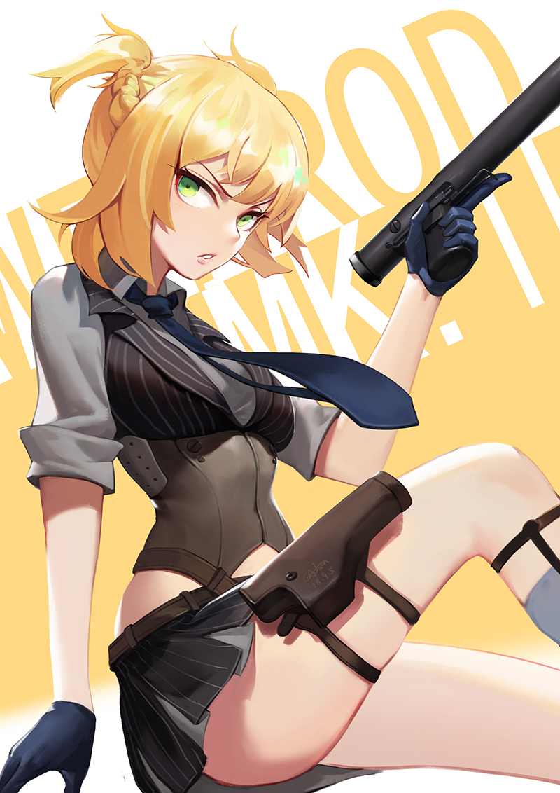 1girl adson-(biao_di) bangs black_gloves blonde_hair braid breasts girls_frontline gloves green_eyes gun holding holster looking_to_the_side medium_breasts necktie open_mouth shirt short_hair simple_background sitting skirt solo twintails weapon welrod_mk2 welrod_mk2_(girls_frontline)