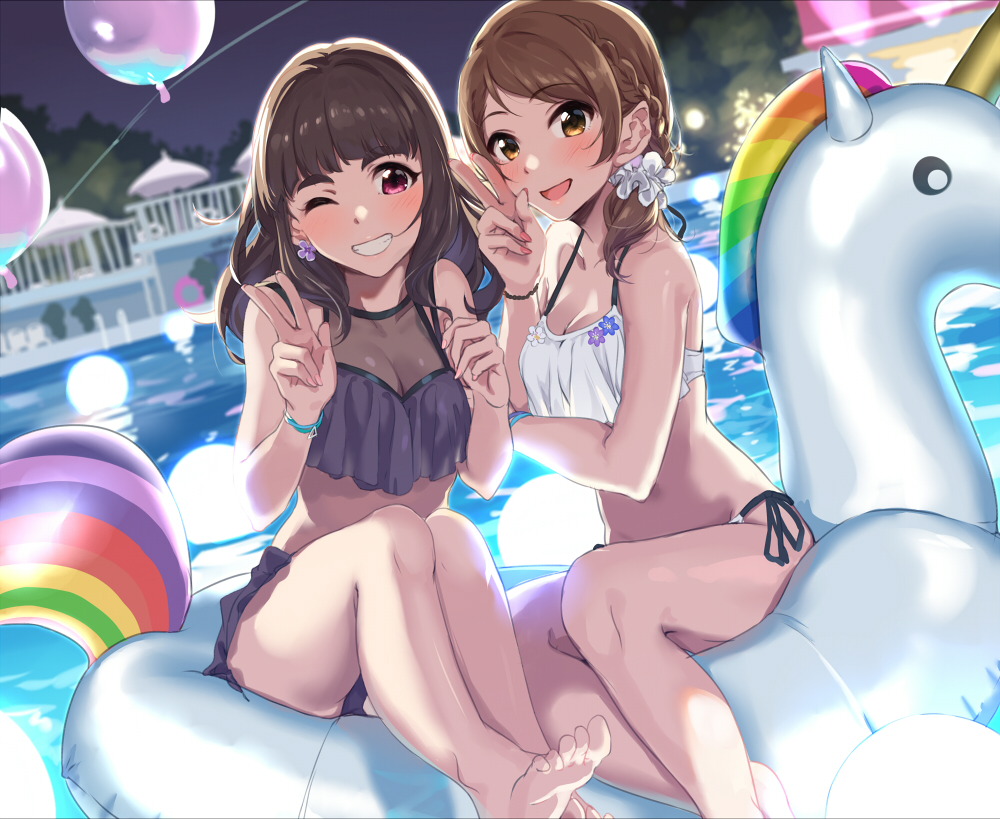 2girls balloon bangs bare_shoulders bikini blue_bikini blunt_bangs blush braid breasts brown_eyes brown_hair cleavage collarbone earrings eyebrows eyebrows_visible_through_hair feet flower_earrings grin hand_gesture hips houjou_karen idolmaster idolmaster_cinderella_girls jewelry kamiya_nao kurokin legs long_hair looking_at_viewer medium_breasts multiple_girls nail_polish one_eye_closed orange_hair pink_nails pool red_eyes scrunchie side_braid sitting smile swimsuit thick_eyebrows thighs v waist water white_bikini