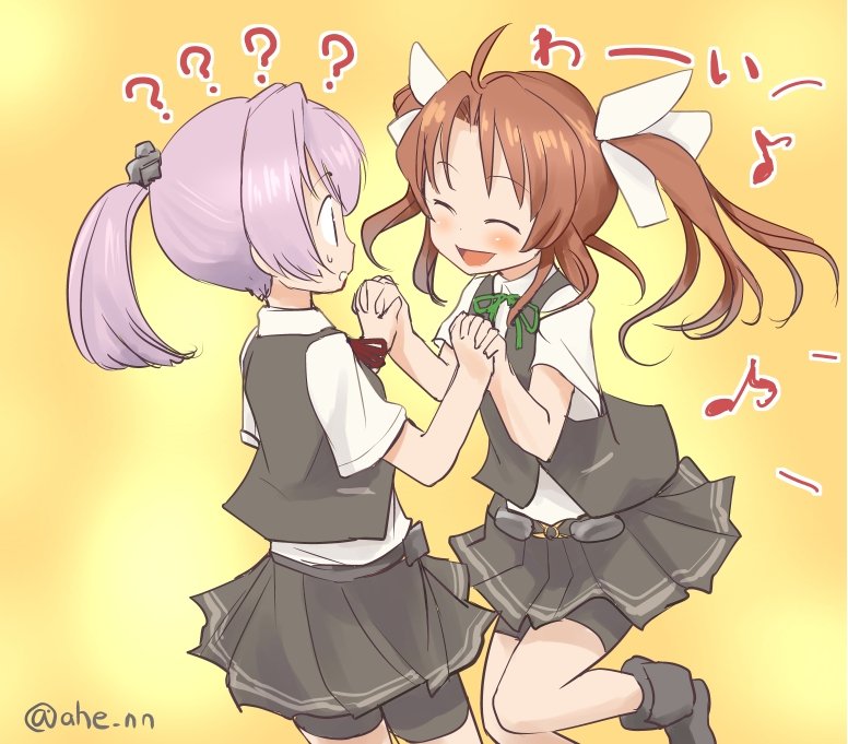 2girls ? ahenn bike_shorts blue_eyes brown_hair closed_eyes commentary_request dress_shirt eighth_note green_neckwear green_ribbon grey_skirt grey_vest hair_ornament hand_holding kagerou_(kantai_collection) kantai_collection long_hair multiple_girls musical_note neck_ribbon open_mouth pink_hair pleated_skirt ponytail red_neckwear red_ribbon remodel_(kantai_collection) ribbon school_uniform shiranui_(kantai_collection) shirt short_hair short_ponytail short_sleeves shorts shorts_under_skirt skirt smile twintails twitter_username vest white_ribbon white_shirt yellow_background