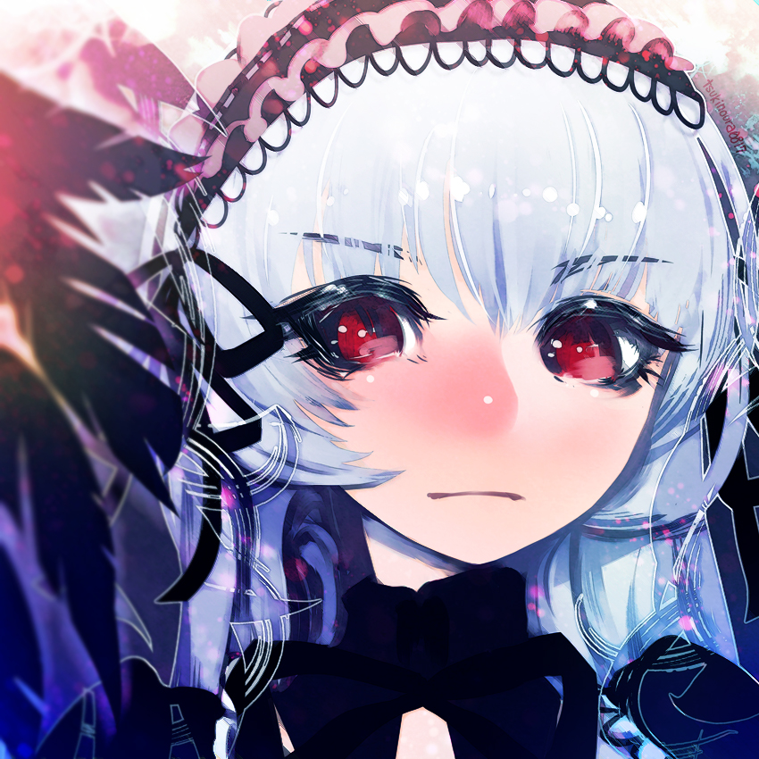 1girl bangs black_ribbon closed_mouth detached_collar eyebrows_visible_through_hair feathers gothic_lolita hairband hakkasame lolita_fashion lolita_hairband long_hair red_eyes ribbon rozen_maiden solo suigintou upper_body white_hair