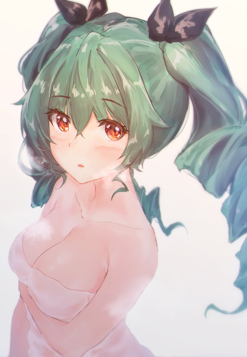 1girl anchovy bangs blush breasts cleavage collarbone drill_hair eyebrows_visible_through_hair girls_und_panzer green_hair hair_between_eyes hair_ribbon highres lips long_hair looking_at_viewer medium_breasts naked_towel open_mouth parted_lips red_eyes ribbon rorona_s. solo towel twin_drills twintails upper_body