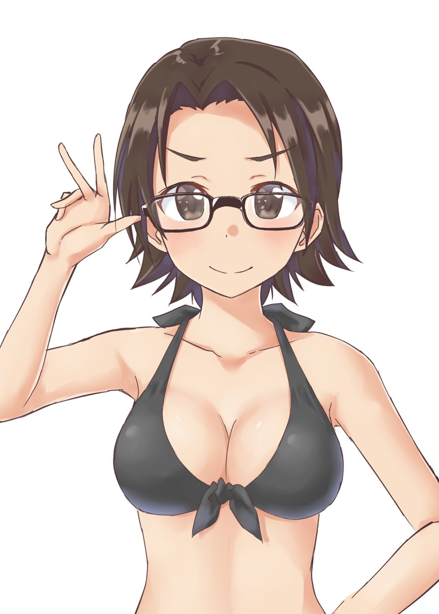 1girl adjusting_eyewear aimobake bangs bespectacled bikini black-framed_eyewear black_bikini blush breasts brown_eyes brown_hair cleavage closed_mouth commentary eyebrows_visible_through_hair front-tie_bikini front-tie_top girls_und_panzer glasses hand_on_hip highres looking_at_viewer medium_breasts parted_bangs sawa_azusa short_hair simple_background smile solo standing swimsuit upper_body white_background