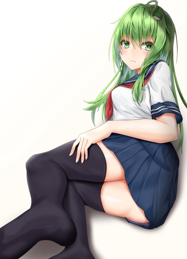 1girl ahoge alternate_costume alternate_outfit ass black_legwear blue_skirt blush breasts closed_mouth collar finger_nails frog green_eyes green_hair hair_accessories hair_tube kochiya_sanae leaning long_hair looking_at_viewer miniskirt neckerchief sailor_uniform santarou school_uniform seifuku skirt snake thigh-highs thighs touhou white_background white_seifuku