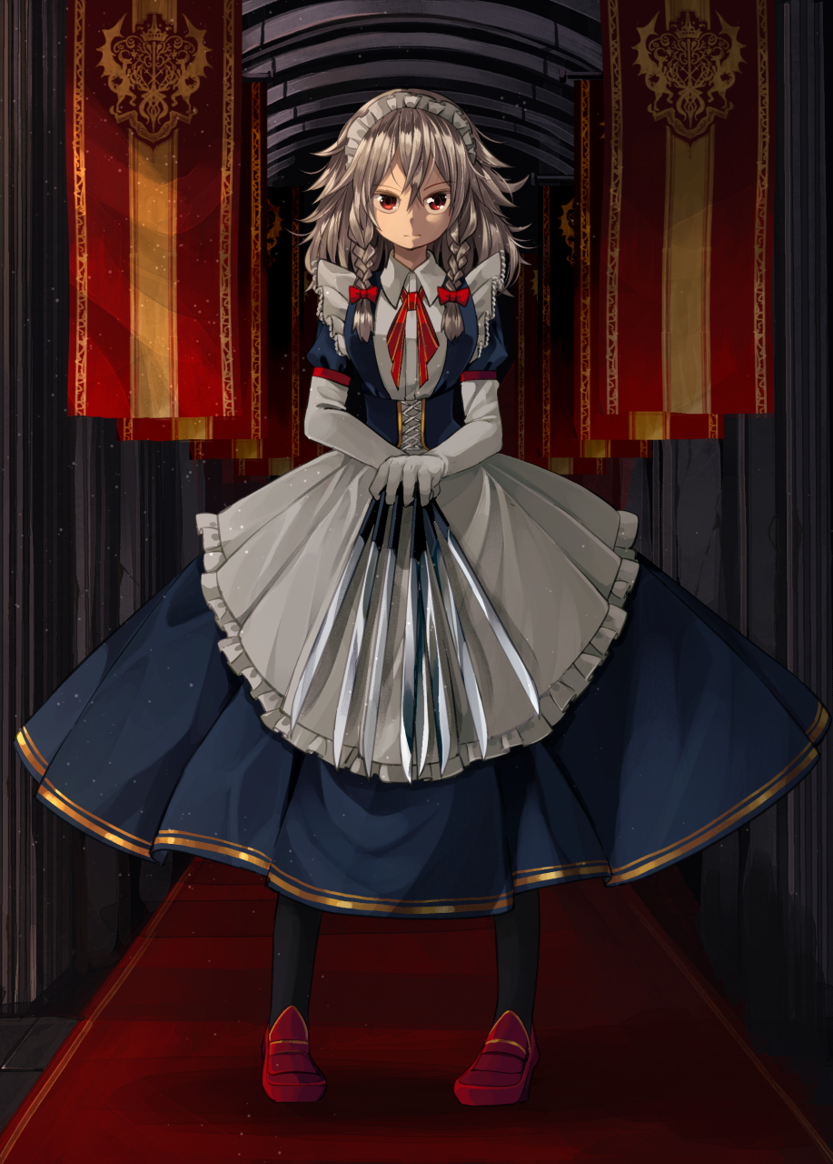 1girl aioi_aoi apron banner between_fingers black_legwear blue_dress braid commentary_request dress elbow_gloves expressionless full_body gloves hair_between_eyes hair_ribbon highres indoors izayoi_sakuya knife light_particles loafers looking_at_viewer maid_headdress medium_hair neck_ribbon pantyhose puffy_short_sleeves puffy_sleeves red_carpet red_eyes red_footwear red_neckwear red_ribbon ribbon shoes short_sleeves silver_hair solo standing tile_floor tiles touhou tress_ribbon twin_braids underbust vaulted_ceiling waist_apron white_gloves wing_collar