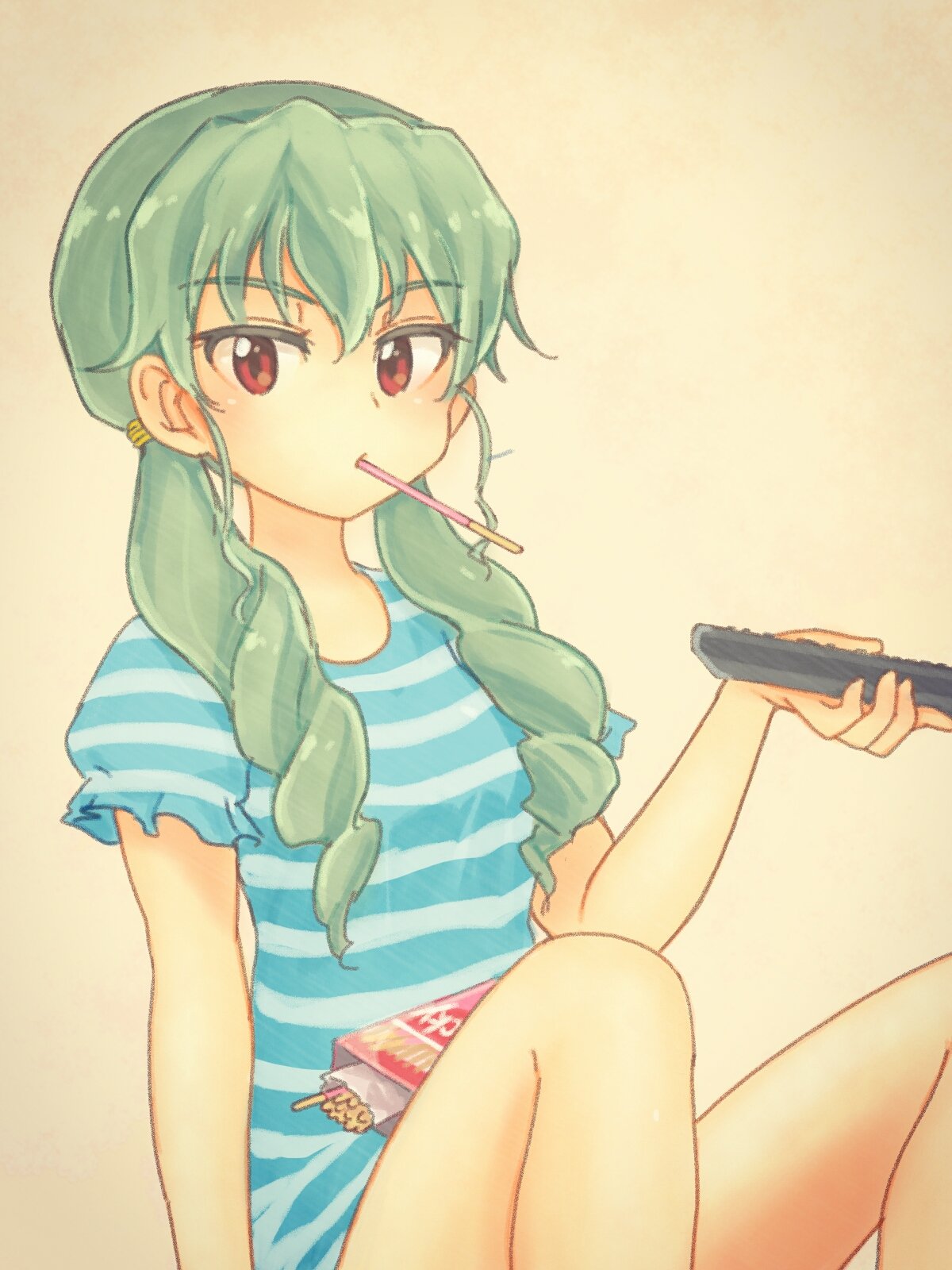 1girl alternate_hairstyle anchovy bangs blue_shirt brown_background casual commentary controller drill_hair eyebrows_visible_through_hair food food_in_mouth girls_und_panzer green_hair hair_over_shoulder hair_tie highres holding kosame_koori long_hair looking_at_viewer mouth_hold pocky red_eyes remote_control shirt short_sleeves sitting solo striped striped_shirt traditional_media twin_drills twintails