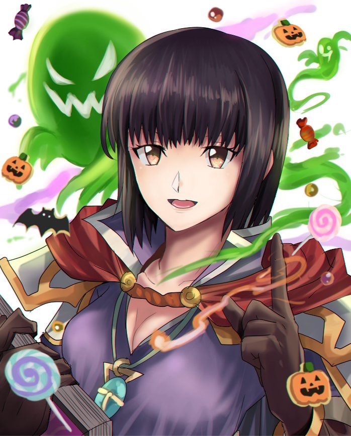 1girl black_hair bob_cut book cape fire fire_emblem fire_emblem:_thracia_776 fire_emblem_heroes gloves holding holding_book looking_at_viewer magic nintendo olwen_(fire_emblem) orange_eyes pauldrons rem_sora410 smile solo