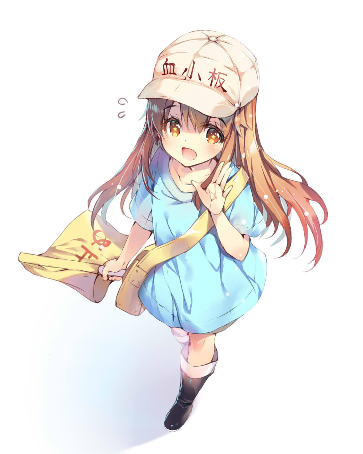 +_+ 1girl bag blush boots brown_eyes brown_hair collarbone commentary_request flag flat_cap hat hataraku_saibou highres miwabe_sakura open_mouth platelet_(hataraku_saibou) short_sleeves shorts simple_background solo waving white_background