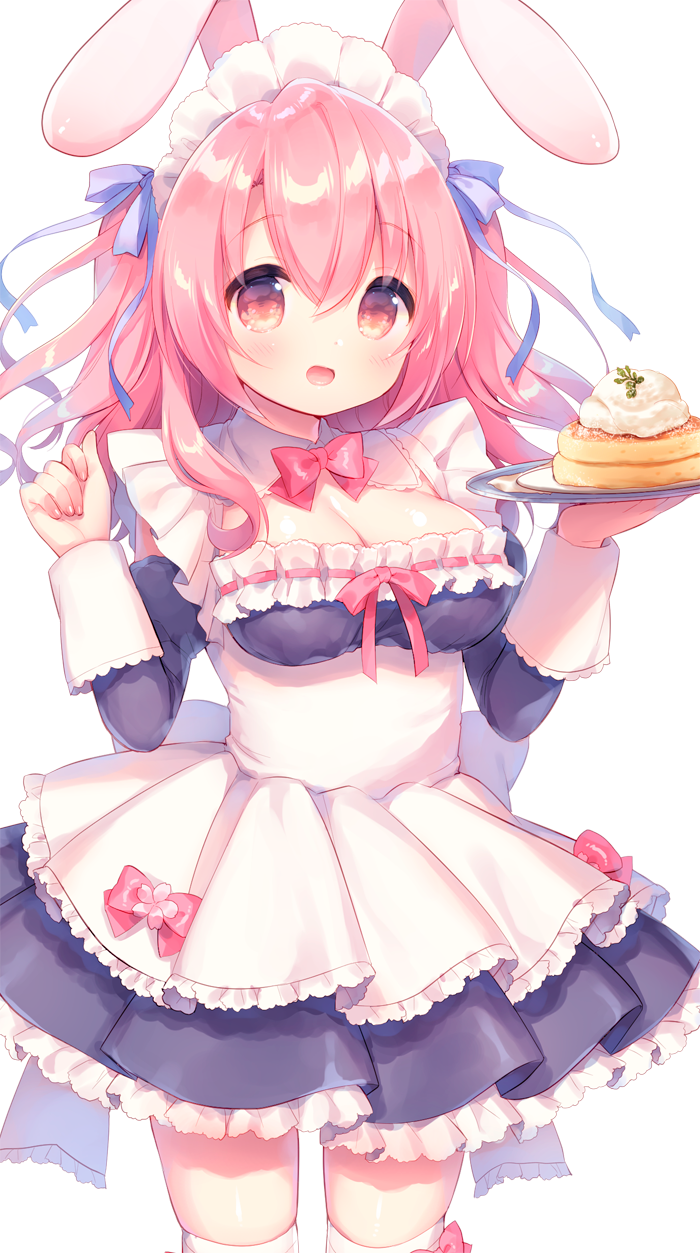 1girl :o animal_ears apron bangs black_dress blue_ribbon blush bow bowtie breasts brown_eyes cleavage commentary_request dress eyebrows_visible_through_hair fingernails food hair_between_eyes hair_ribbon hands_up highres holding holding_tray juliet_sleeves long_hair long_sleeves maid maid_apron maid_headdress medium_breasts original pancake plate pleated_dress puffy_sleeves rabbit_ears red_neckwear redhead ribbon sakura_(usashiro_mani) simple_background solo stack_of_pancakes thigh-highs tray usashiro_mani white_apron white_background white_legwear