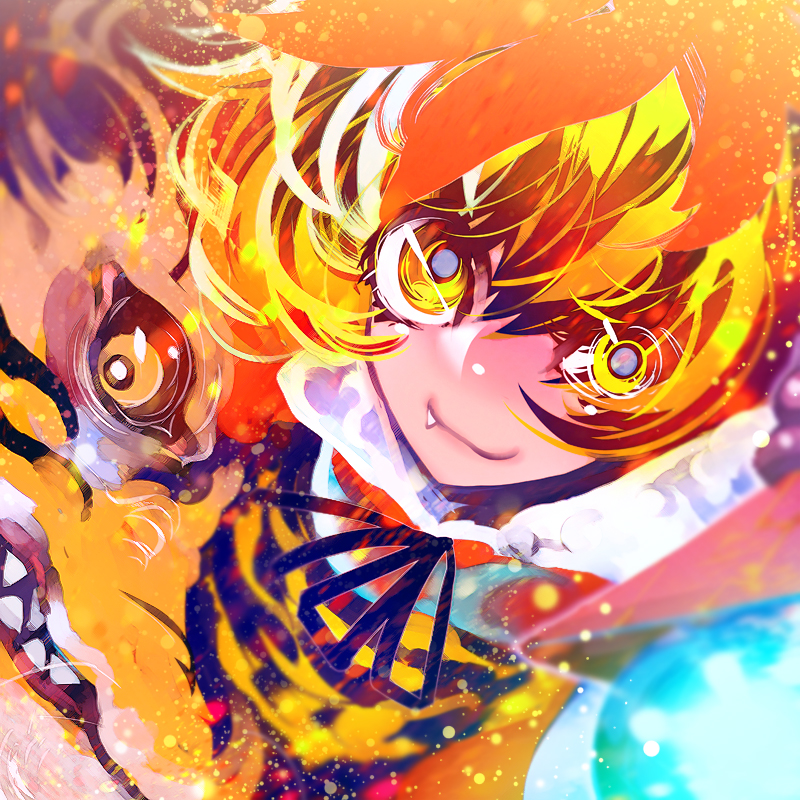 1girl animal animal_print bangs black_ribbon blonde_hair closed_mouth fang fang_out from_above hair_between_eyes hair_ornament hakkasame looking_at_viewer multicolored_hair ribbon short_hair smile solo streaked_hair tiger tiger_print toramaru_shou touhou two-tone_hair yellow_eyes