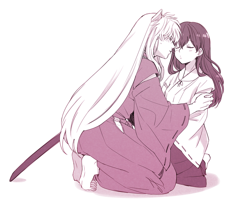 1boy 1girl animal_ears blush closed_eyes dog_ears greyscale hair_between_eyes hakama hands_on_another's_arms higurashi_kagome imminent_kiss inuyasha inuyasha_(character) japanese_clothes kneeling long_hair monochrome motobi_(mtb_umk) sword weapon white_background white_hair wide_sleeves