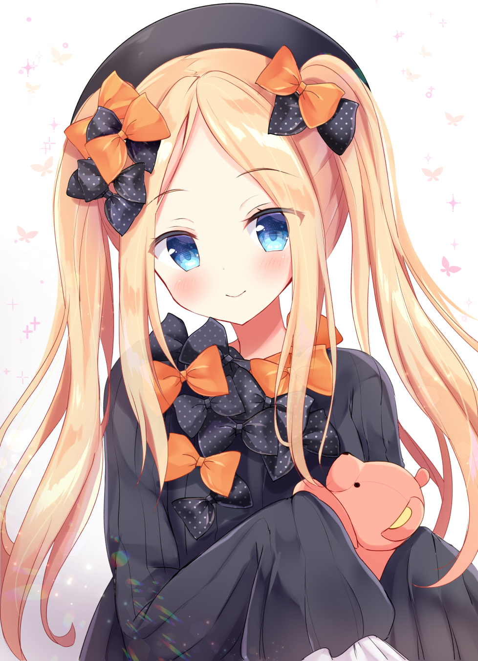 1girl abigail_williams_(fate/grand_order) alternate_hairstyle bangs black_bow black_dress black_hat blonde_hair blue_eyes blush bow bug butterfly closed_mouth commentary_request dress eyebrows_visible_through_hair fate/grand_order fate_(series) forehead hair_bow hat head_tilt highres insect long_hair long_sleeves looking_at_viewer masayo_(gin_no_ame) object_hug orange_bow parted_bangs polka_dot polka_dot_bow simple_background sleeves_past_fingers sleeves_past_wrists smile solo stuffed_animal stuffed_toy teddy_bear twintails very_long_hair white_background