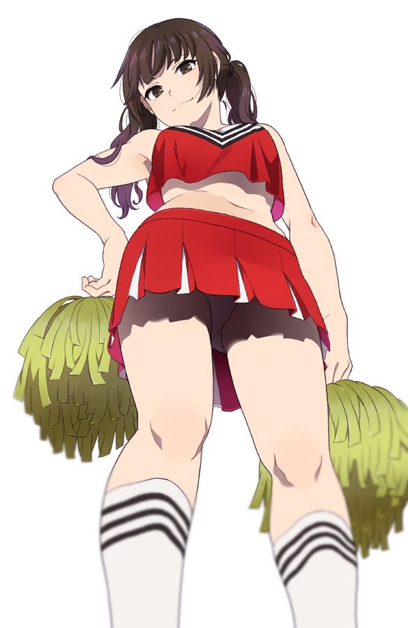 1girl :3 cheerleader commentary_request from_below kneehighs mattaku_mousuke midriff navel original panties pantyshot pleated_skirt pom_poms red_shirt red_skirt shirt skirt smile solo triple_stripe twintails underwear white_legwear