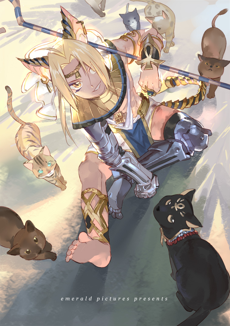 1girl animal_ears ankh barefoot blonde_hair bracelet cat cat_ears cat_focus circlet edward_elric egyptian_clothes fullmetal_alchemist holding holy_pumpkin jewelry kemonomimi_mode looking_at_viewer mechanical_arm mechanical_legs pelvic_curtain sitting smile solo staff yellow_eyes