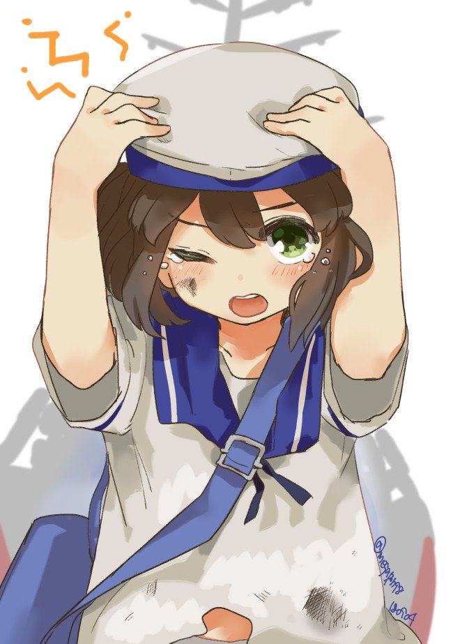 1girl bag blue_sailor_collar blush brown_hair daitou_(kantai_collection) dirty_clothes dress eyebrows_visible_through_hair green_eyes hair_between_eyes hands_on_headwear hat kantai_collection glasses_poni one_eye_closed open_mouth sailor_collar sailor_dress sailor_hat short_hair simple_background solo tears torn_clothes twitter_username white_background