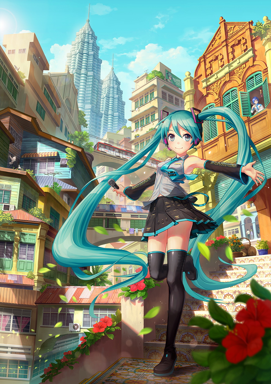 1girl black_footwear black_skirt blue_eyes blue_hair blush boots chong_feigiap closed_mouth day flower hatsune_miku highres knee_boots long_hair looking_at_viewer outdoors scenery skirt sky smile stairs twintails very_long_hair vocaloid