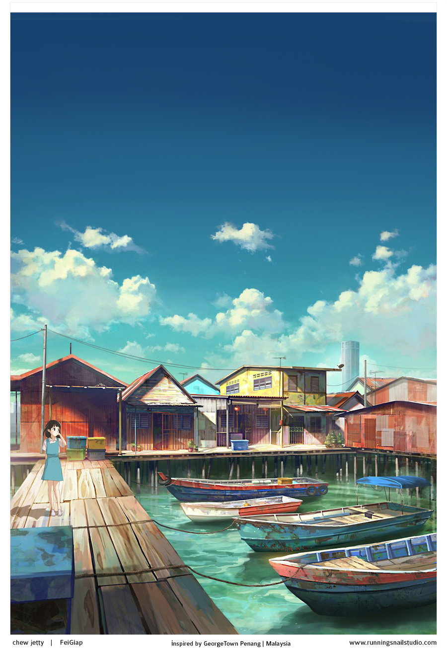1girl artist_name black_hair boat chong_feigiap clouds day highres house looking_away original outdoors pier real_world_location scenery short_hair sky solo standing watercraft watermark web_address