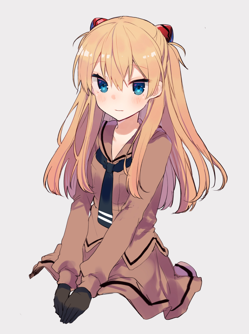 1girl bangs black_gloves black_neckwear blue_eyes blush brown_sailor_collar brown_serafuku brown_shirt brown_skirt closed_mouth eyebrows_visible_through_hair gloves grey_background hair_between_eyes ikeuchi_tanuma light_brown_hair long_hair long_sleeves looking_at_viewer neon_genesis_evangelion pleated_skirt sailor_collar shirt simple_background skirt solo souryuu_asuka_langley very_long_hair