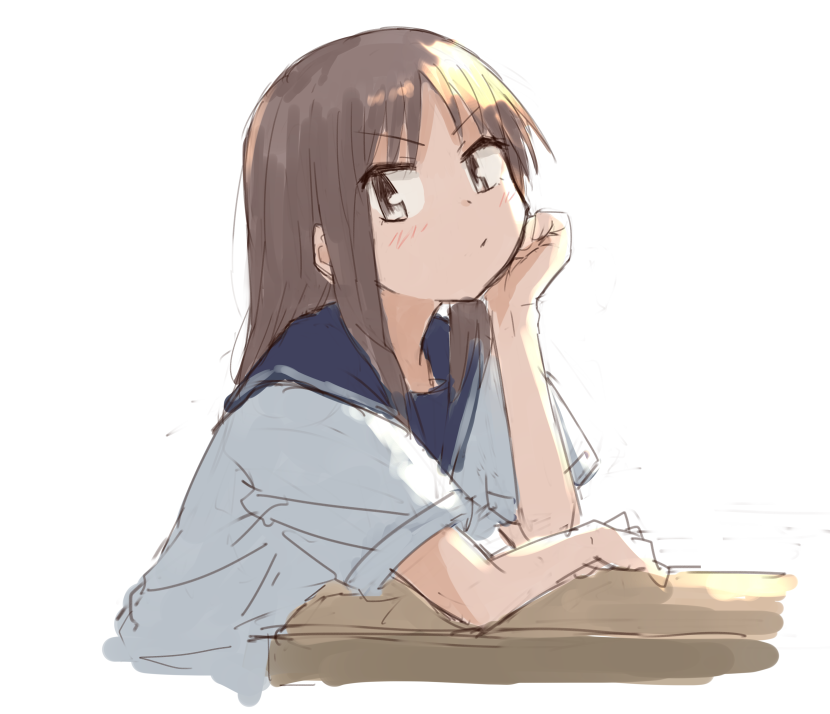 1girl blue_sailor_collar brown_eyes brown_hair character_request chin_rest closed_mouth desk from_behind from_side grey_shirt light_blush looking_at_viewer looking_to_the_side sailor_collar school_uniform serafuku shirt short_sleeves simple_background solo umiroku upper_body v-shaped_eyebrows white_background yuyushiki