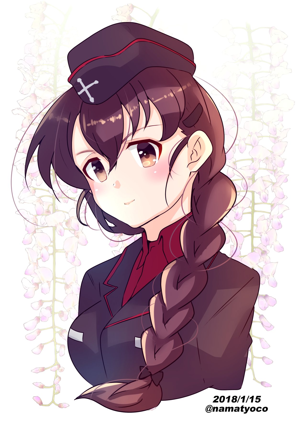 1girl alternate_costume bangs black_hat black_jacket braid brown_eyes brown_hair closed_mouth commentary cropped_torso dated dress_shirt emblem floral_background flower_request garrison_cap girls_und_panzer hair_ornament hair_over_shoulder hair_tie hairclip hat highres jacket kuromorimine_military_uniform long_hair long_sleeves looking_at_viewer military military_hat military_uniform namatyoco red_shirt rukuriri shirt single_braid smile solo twitter_username uniform upper_body