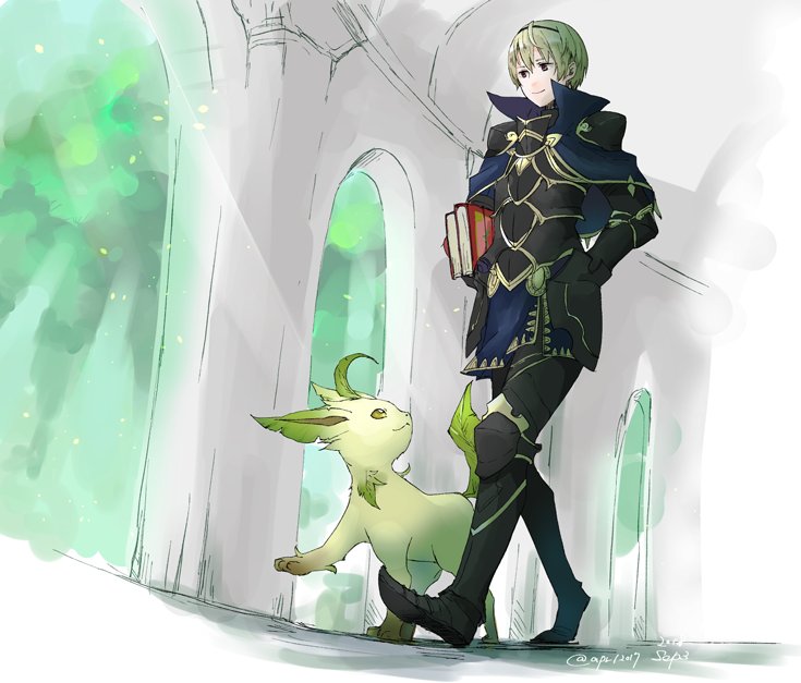 1boy armor black_armor blonde_hair book capelet closed_mouth creatures_(company) dated fire_emblem fire_emblem_if game_freak gen_4_pokemon greaves hairband holding holding_book leafeon leon_(fire_emblem_if) nintendo pokemon pokemon_(creature) robaco short_hair smile standing twitter_username