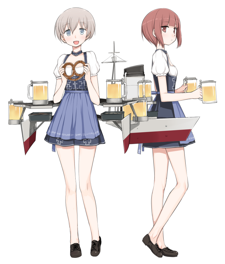 2girls alternate_costume apron barmaid beer_mug blue_apron blue_eyes brown_eyes brown_hair cup dirndl food german_clothes holding holding_cup kantai_collection kumadano multiple_girls oktoberfest pretzel puffy_short_sleeves puffy_sleeves short_hair short_sleeves silver_hair skirt underbust waitress z1_leberecht_maass_(kantai_collection) z3_max_schultz_(kantai_collection)