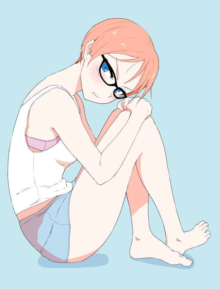 1girl :t bare_arms bare_legs bare_shoulders barefoot blue_background blue_eyes blush boyshorts bra closed_mouth from_side hi_iro legs_crossed looking_at_viewer orange_hair original pink_bra short_hair simple_background sitting solo underwear white_camisole