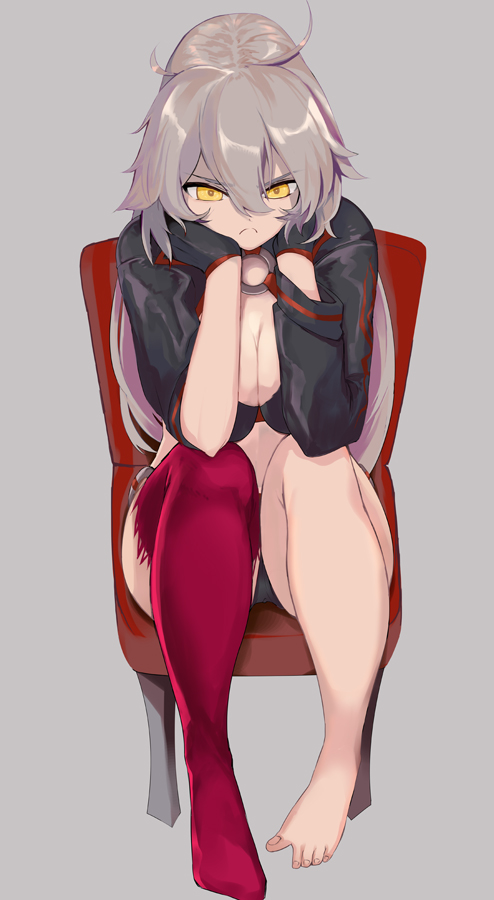 1girl ahoge barefoot bikini_bottom bikini_top breasts chair cleavage commentary_request fate_(series) frown gloves grey_background grey_hair hair_between_eyes hands_on_own_cheeks hands_on_own_face jacket jeanne_d'arc_(alter)_(fate) jeanne_d'arc_(fate)_(all) kanameya long_hair long_sleeves looking_at_viewer single_thighhigh sitting solo swimsuit thigh-highs yellow_eyes
