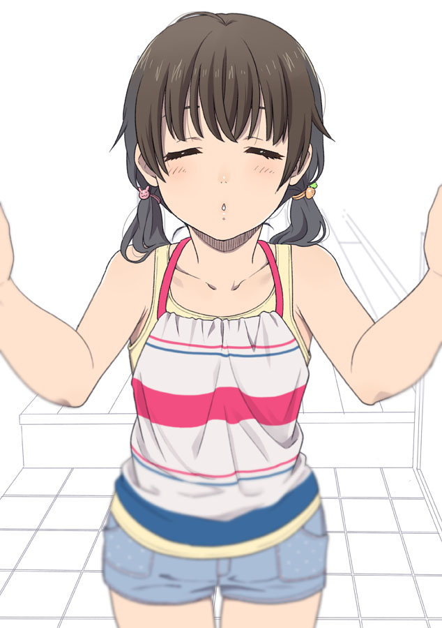 1girl blue_shorts brown_hair bunny_hair_ornament carrot_hair_ornament closed_eyes commentary_request food_themed_hair_ornament hair_ornament hair_tie incoming_kiss low_twintails mattaku_mousuke original pov reaching_out shorts solo striped tank_top twintails