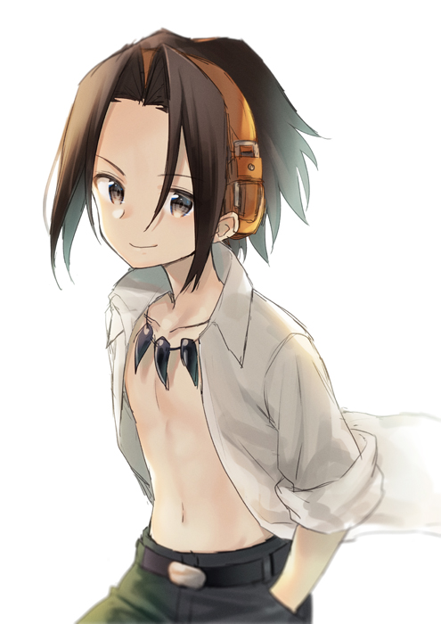 1boy asakura_you bangs black_pants brown_eyes brown_hair closed_mouth collared_shirt commentary_request eyebrows_visible_through_hair forehead hand_in_pocket headphones long_hair male_focus midorikawa_you open_clothes open_shirt pants parted_bangs shaman_king shirt short_sleeves sidelocks simple_background sleeves_folded_up smile solo white_background white_shirt