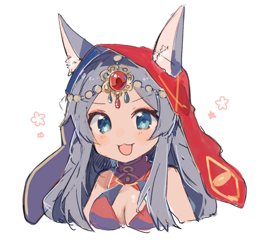 1girl :3 :d animal_ears bikini blue_eyes blush breasts circlet ears_through_headwear fate/grand_order fate_(series) gem grey_hair ikeuchi_tanuma large_breasts long_hair looking_at_viewer no_nose open_mouth queen_of_sheba_(fate/grand_order) red_bikini simple_background smile solo swimsuit upper_body veil white_background