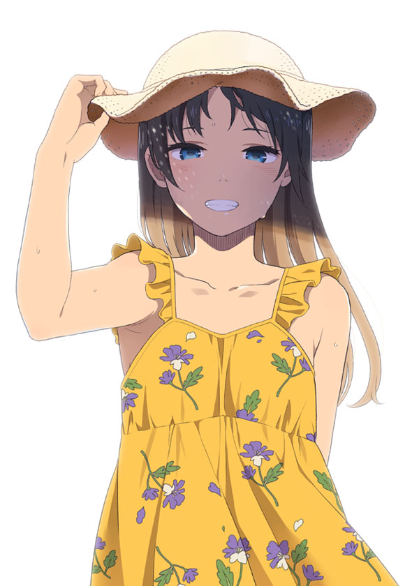 1girl blue_eyes blush collarbone commentary_request dress floral_print grin hand_on_headwear hat light_brown_hair long_hair mattaku_mousuke original print_dress simple_background smile solo sun_hat sundress white_background yellow_dress