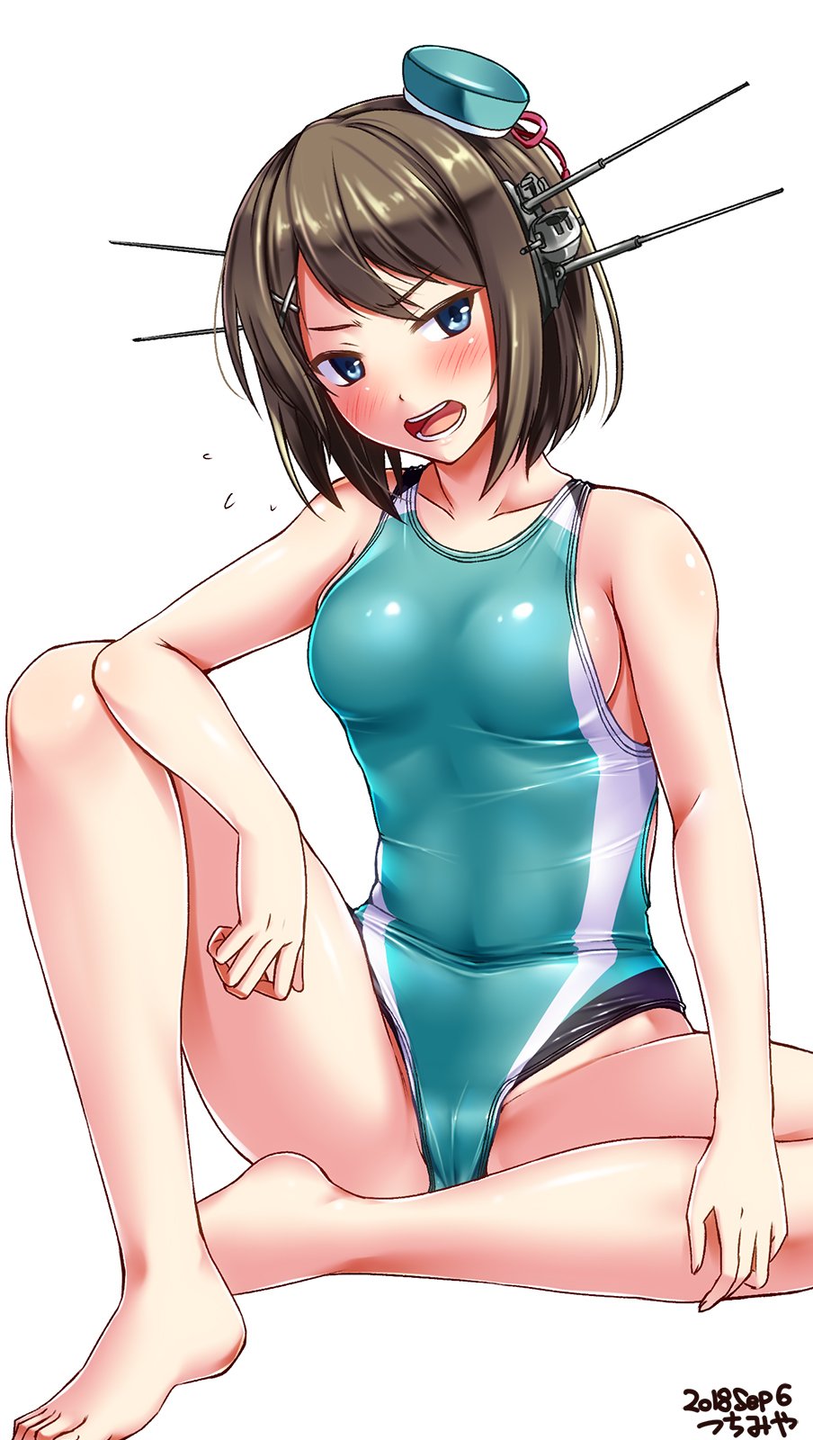 1girl aqua_swimsuit artist_name beret blue_eyes blush breasts brown_hair collarbone competition_swimsuit dated embarrassed eyebrows_visible_through_hair hair_ornament hairclip hat hat_ribbon headgear highres kantai_collection looking_at_viewer maya_(kantai_collection) medium_breasts one-piece_swimsuit open_mouth red_ribbon remodel_(kantai_collection) ribbon short_hair simple_background sitting smile solo swimsuit tsuchimiya white_background x_hair_ornament