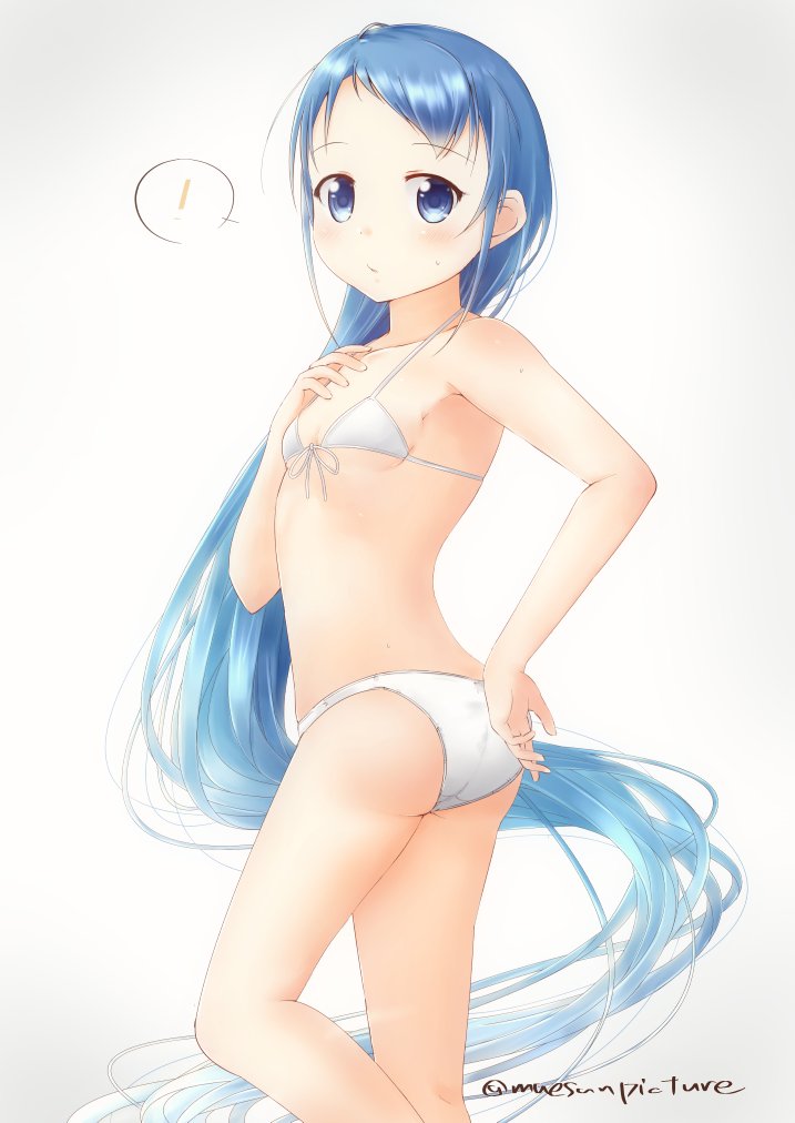 ! 1girl alternate_costume armpits ass bangs bikini blue_eyes blue_hair blush closed_mouth collarbone commentary_request cowboy_shot eyebrows_visible_through_hair front-tie_top gradient_hair hair_between_eyes hand_on_own_chest kantai_collection long_hair looking_at_viewer mae_(maesanpicture) multicolored_hair samidare_(kantai_collection) simple_background solo standing string_bikini sweatdrop swept_bangs swimsuit thighs very_long_hair white_background white_bikini