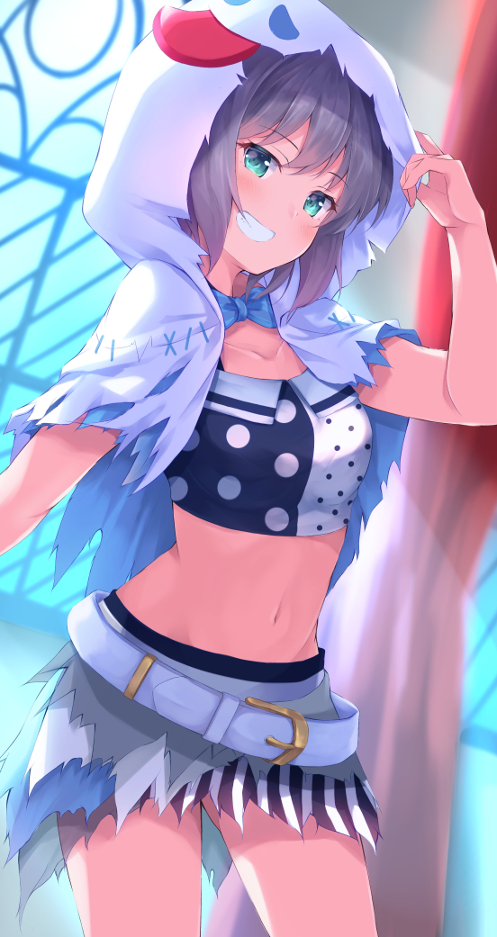 1girl :d aoba_moka aqua_eyes arm_up bang_dream! bangs belt belt_buckle blue_bow blue_neckwear blurry blurry_background bow bowtie breasts buckle collarbone commentary_request cowboy_shot crop_top curtains depth_of_field eyebrows_visible_through_hair grin hood hood_up indoors kurai_masaru layered_skirt looking_at_viewer miniskirt navel open_mouth polka_dot purple_hair see-through short_hair skirt small_breasts smile solo stomach striped teeth torn_clothes torn_skirt vertical_stripes window