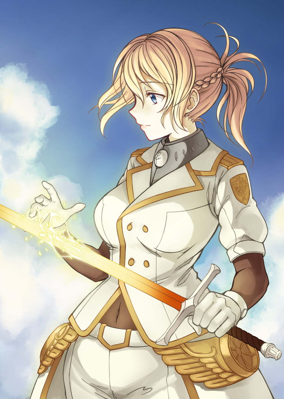 1girl blonde_hair blue_eyes blue_sky bodystocking braid breasts character_request cloud_kingdom clouds covered_navel day french_braid gloves glowing glowing_sword glowing_weapon highres large_breasts lips making_of pas_(paxiti) short_ponytail sky solo sword uniform weapon white_gloves