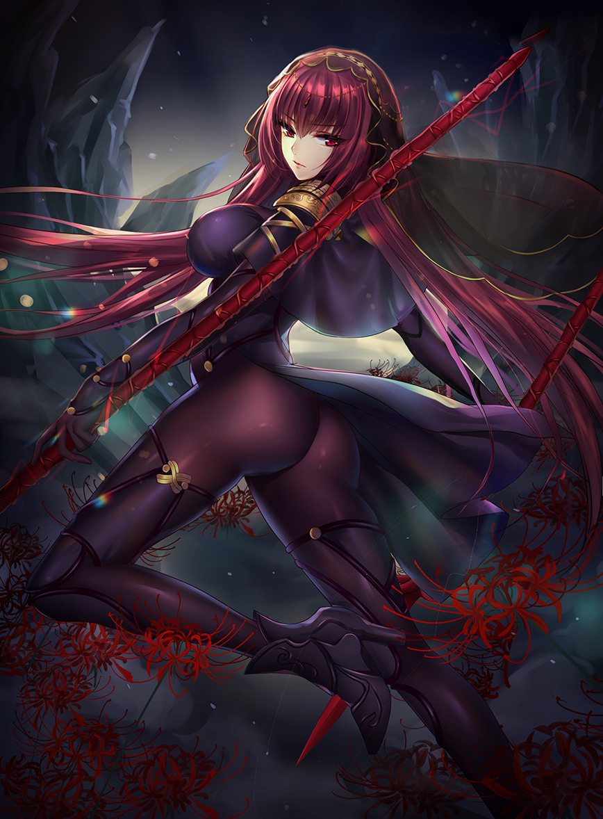 1girl arm_up ass bangs black_footwear bodysuit breasts brown_bodysuit capelet closed_mouth commentary_request dual_wielding eyebrows_visible_through_hair fate/grand_order fate_(series) flower gae_bolg hair_between_eyes high_heels holding holding_lance holding_weapon lance large_breasts long_hair looking_at_viewer looking_back mallizmora outdoors polearm purple_capelet red_eyes red_flower redhead rock scathach_(fate)_(all) scathach_(fate/grand_order) see-through solo spider_lily standing standing_on_one_leg thighs veil very_long_hair weapon