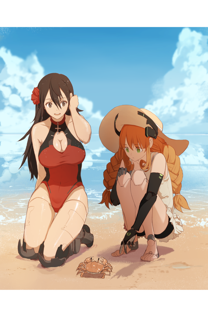 2girls :d adjusting_hair arm_behind_back arm_up bare_arms bare_shoulders beach blue_sky braid breasts brown_eyes brown_hair casual_one-piece_swimsuit character_request cleavage cleavage_cutout clouds collarbone commentary convenient_leg covered_navel crab cross day dishwasher1910 english_commentary eyebrows_visible_through_hair flower full_body hair_between_eyes hair_flower hair_ornament hand_on_own_arm hat horizon kneeling large_breasts long_hair looking_down multiple_girls ocean older one-piece_swimsuit open_mouth outdoors penny_polendina prosthesis prosthetic_arm prosthetic_leg red_flower red_swimsuit reflection robot_joints ruby_rose rwby sand shadow sidelocks skin_tight sky smile squatting sun_hat swimsuit swimsuit_skirt thigh_gap twin_braids upper_teeth very_long_hair water white_hat white_swimsuit
