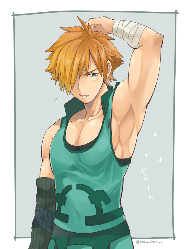 1boy arm_up armpits blush border fate/extra fate_(series) green_eyes grey_background hair_over_one_eye male_focus orange_hair pectorals robin_hood_(fate) short_hair simple_background sleeveless sparkle torakichi_(ebitendon) twitter_username