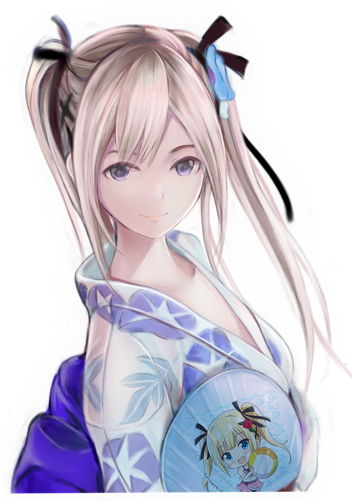 1girl ball bare_shoulders beachball blonde_hair blue_eyes blush chibi dead_or_alive fan flower hair_flower hair_ornament hair_ribbon hairclip japanese_clothes kimono looking_at_viewer marie_rose nannacy7 open_mouth paper_fan ribbon sarong smile solo twintails uchiwa upper_body yukata