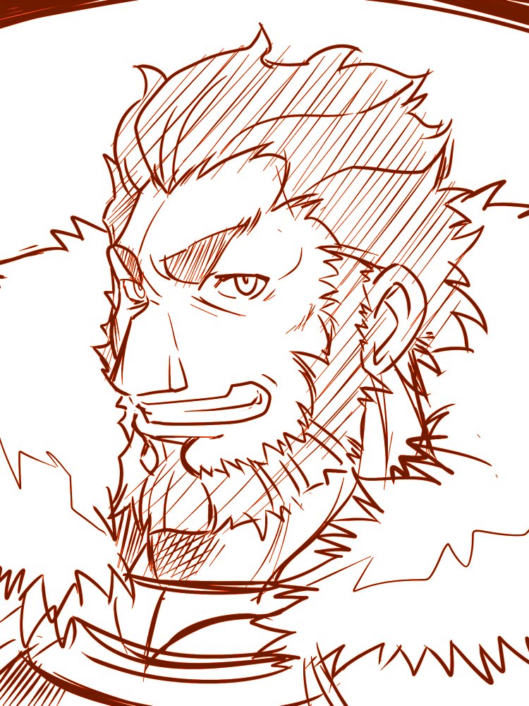 beard cape commentary_request facial_hair fate/zero fate_(series) fur_trim grin looking_at_viewer monochrome muscle rider_(fate/zero) sako_(bosscoffee) sketch smile solo spiky_hair upper_body