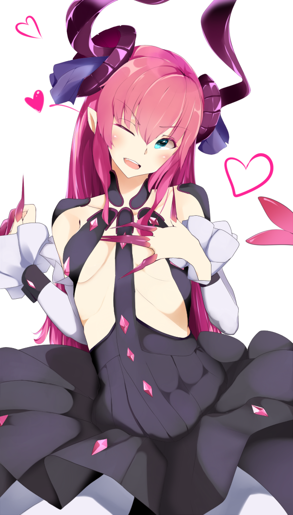 1girl aqua_eyes blush breasts curled_horns detached_sleeves dragon_horns dragon_tail dress elizabeth_bathory_(fate) elizabeth_bathory_(fate)_(all) eyebrows_visible_through_hair fate/extra fate/extra_ccc fate/grand_order fate_(series) hair_between_eyes hair_ornament hand_on_own_chest heart horns long_hair looking_at_viewer open_mouth pink_hair sha_(amfil100) sidelocks simple_background small_breasts solo tail two_side_up white_background