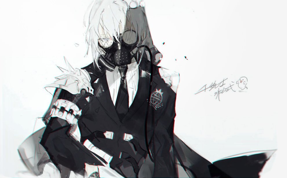 1boy broken_glass capelet formal gas_mask ghost_(senjuushi) glass grey_eyes hair_ornament senjuushi:_the_thousand_noble_musketeers short_hair shoulder_spikes solo spikes suit white_hair xdakn